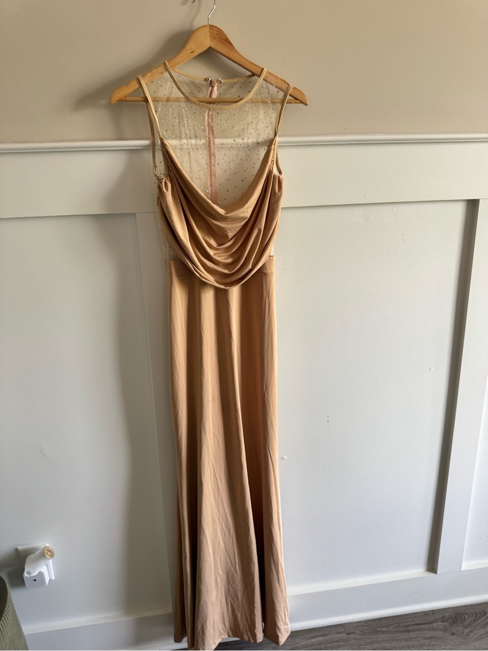 Sleeveless Nude Cowl Neck Evening Dress